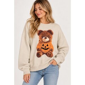 Greyson Threads Teddy Bear Halloween Pumpkin Sweatshirt Womens Large Cream Fall